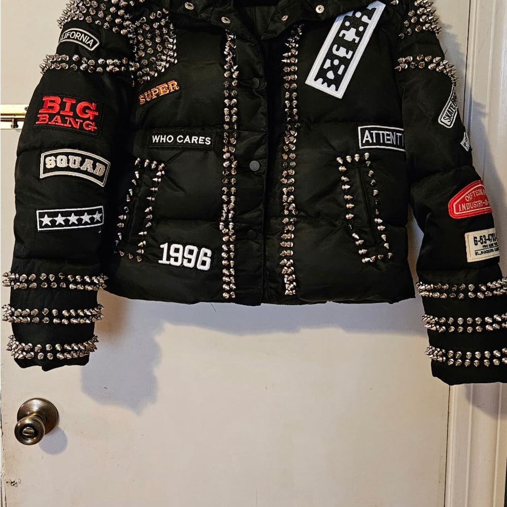 AKIRA Black Studded Patch Puffer Bomber Jacket